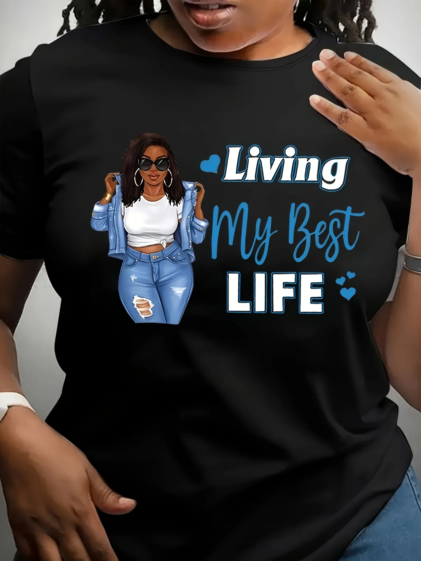 

[Plus Size Graphic Tee] Plus Size Women's Graphic T-Shirt | Black Stretchy Casual Short Sleeve Tee with Blue Lettering Design