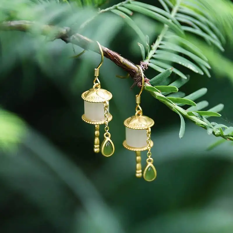 

New silver inlaid natural Hetian White Chalcedony gilt earrings Chinese retro palace elegant charm women's brand jewelry