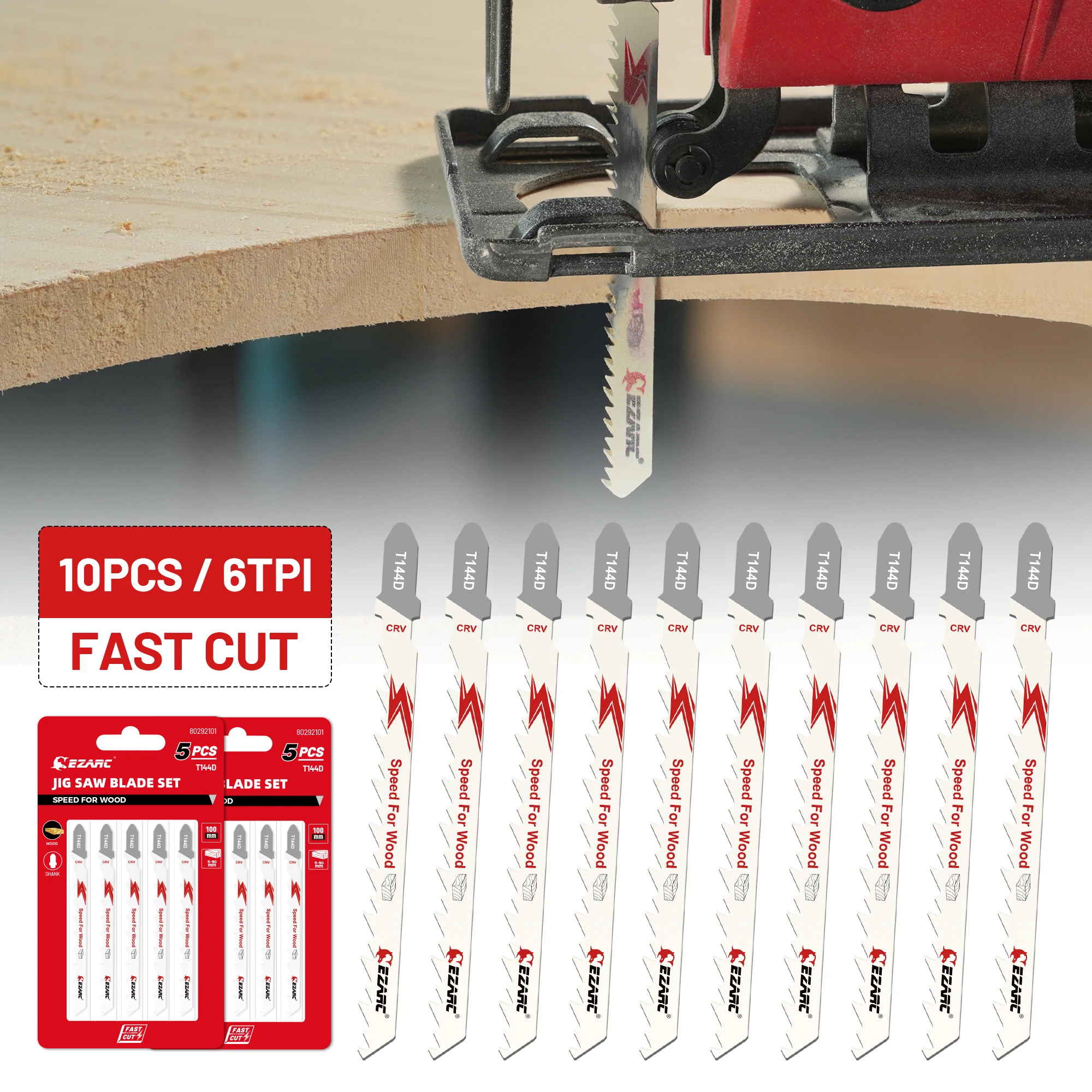 EZARC T144D Jigsaw Blades 6TPI for Wood, 10-Pieces T-Shank Blades Large Teeth for Fast Wood Cutting, Smooth Curve and Scrolling