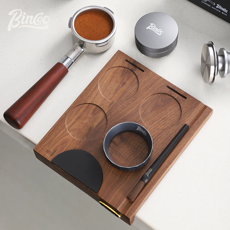 Bincoo Walnut Coffee Tabletop Mat, Press Base Set, Coffee Machine Handle, Filling Cloth, Powder Storage Board