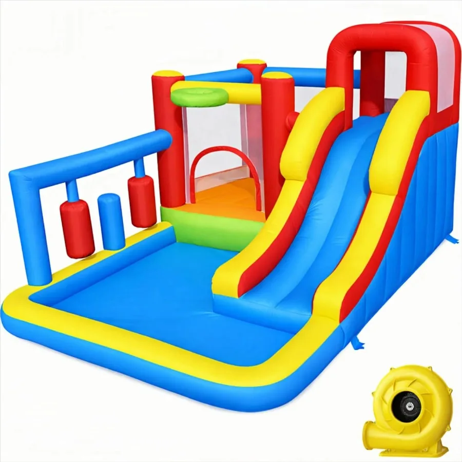 

Inflatable Bounce House with Punching Bag and Ball Pit Climbing Wall and Slide for 3-10 Years Indoor Outdoor Play Equipment in