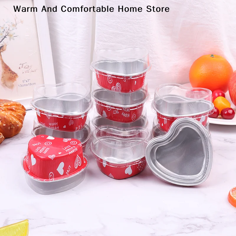 10 Stück 100 ml herzförmige Kuchenförmchen aus Aluminiumfolie mit Deckel, hitzebeständige Backförmchen, Pudding-Cupcake-Förmchen, für den Valentinstag
