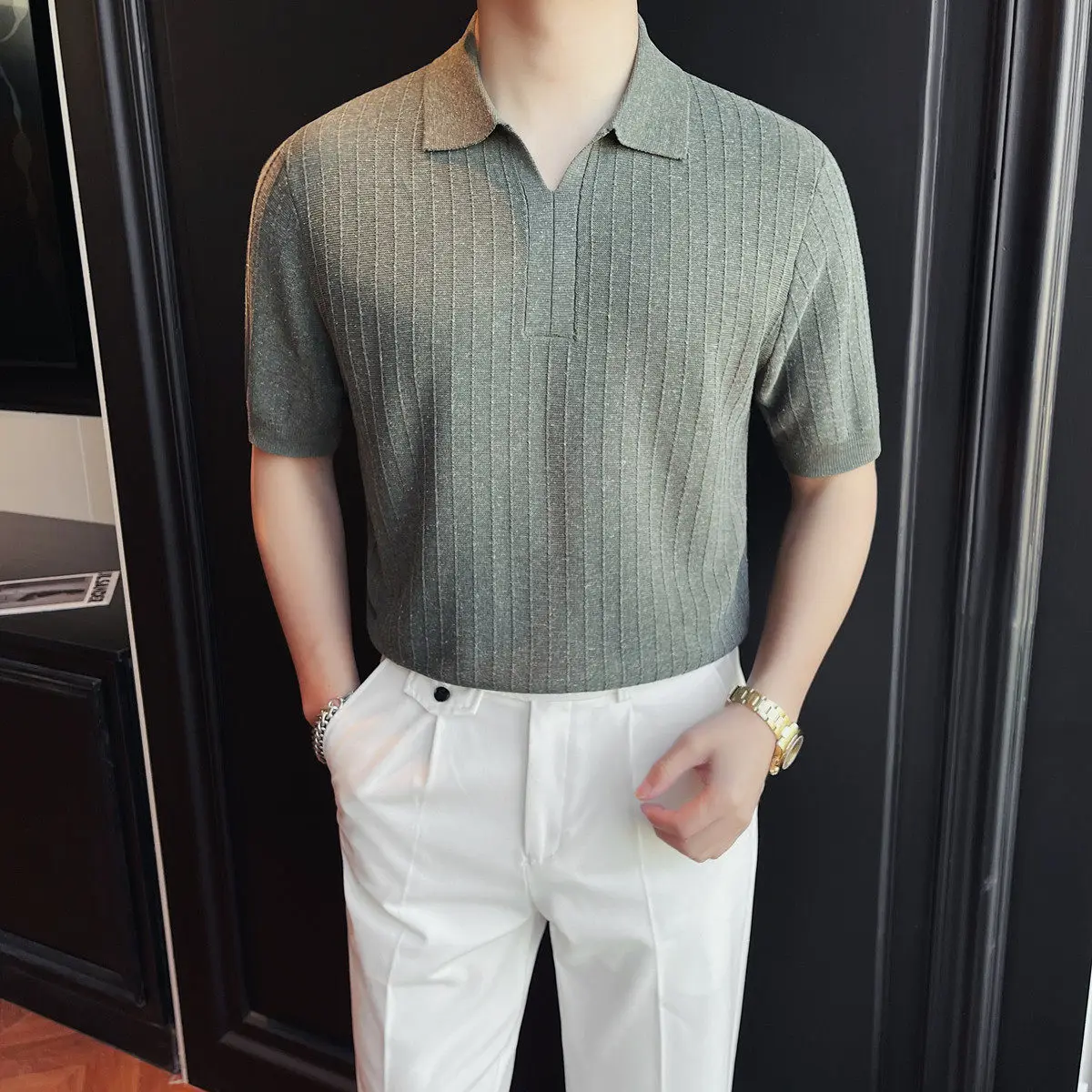 Acrylic,Lyocell,Linen Luxury Men's Polo Shirts Short Sleeve Slim Summer High-Quality Breathable Knitted Stretchy Polos De Hombre