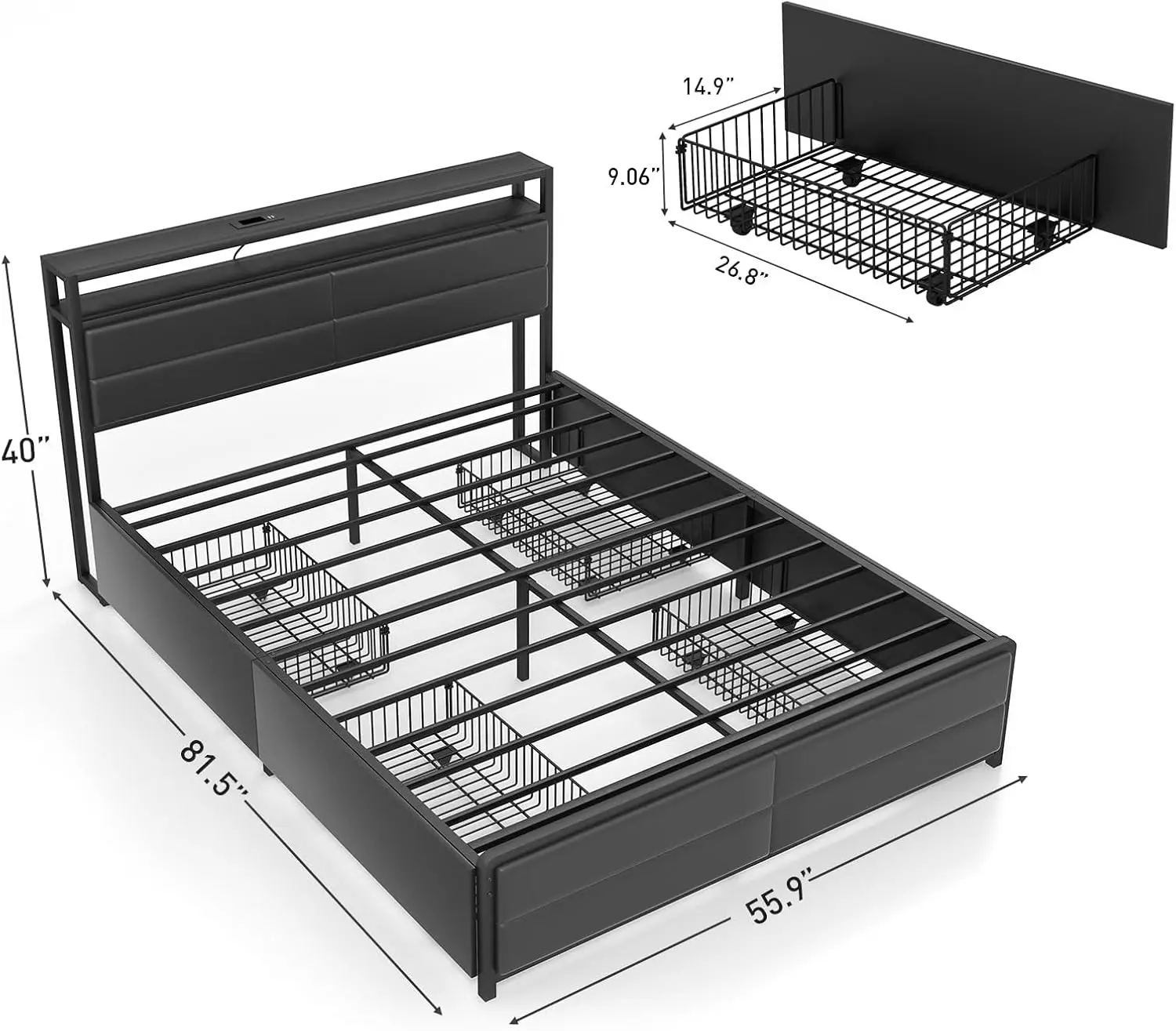 Bonzy Home Full Size Bed Frame with 4 Storage Drawers and Charging Station, Full Platform Bed Frame with LED Lights, Strong Meta