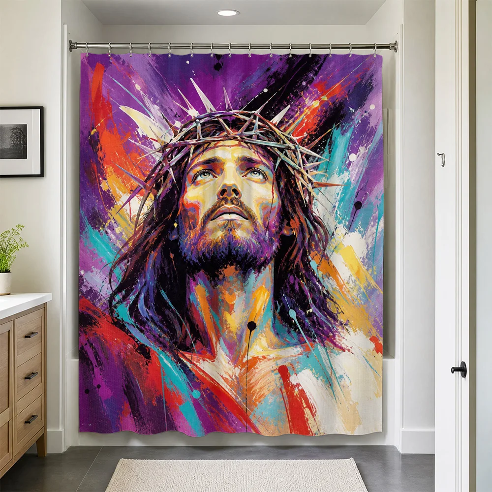 Abstract Jesus Christ Shower Curtain Waterproof Bathroom Decor Religious Bohemian Pop Art Print Spiritual Divine Home Accessory