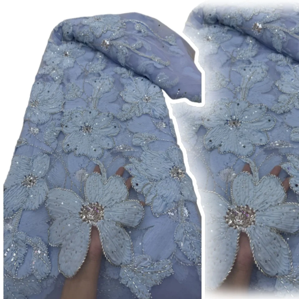 Blue Color 3D Flowers Lace African Bridal Handmade Heavy Net Embroidered Fabric for Weeding Party Dress Making TP1215