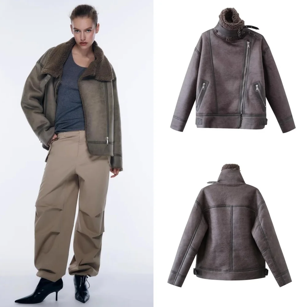 

2024 The new women's jacket with extra thick warm and extra thick lamb feather rider jacket with artificial fur