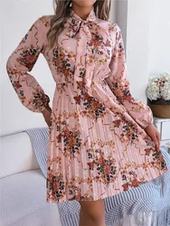 Autumn Winter Women's New Elegant Flower Lacing Fashion Print Sexy Waist Closing Long Sleeve Pleated Skirt Women's Wear