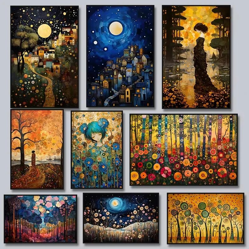 DIY Mosaik-Diamantmalerei: Gustav Klimt inspirierte Landschaftskunst, Kreuzstich-Sets für Heimdekoration, Blumen- und Lebensbaum-Waldmotiv