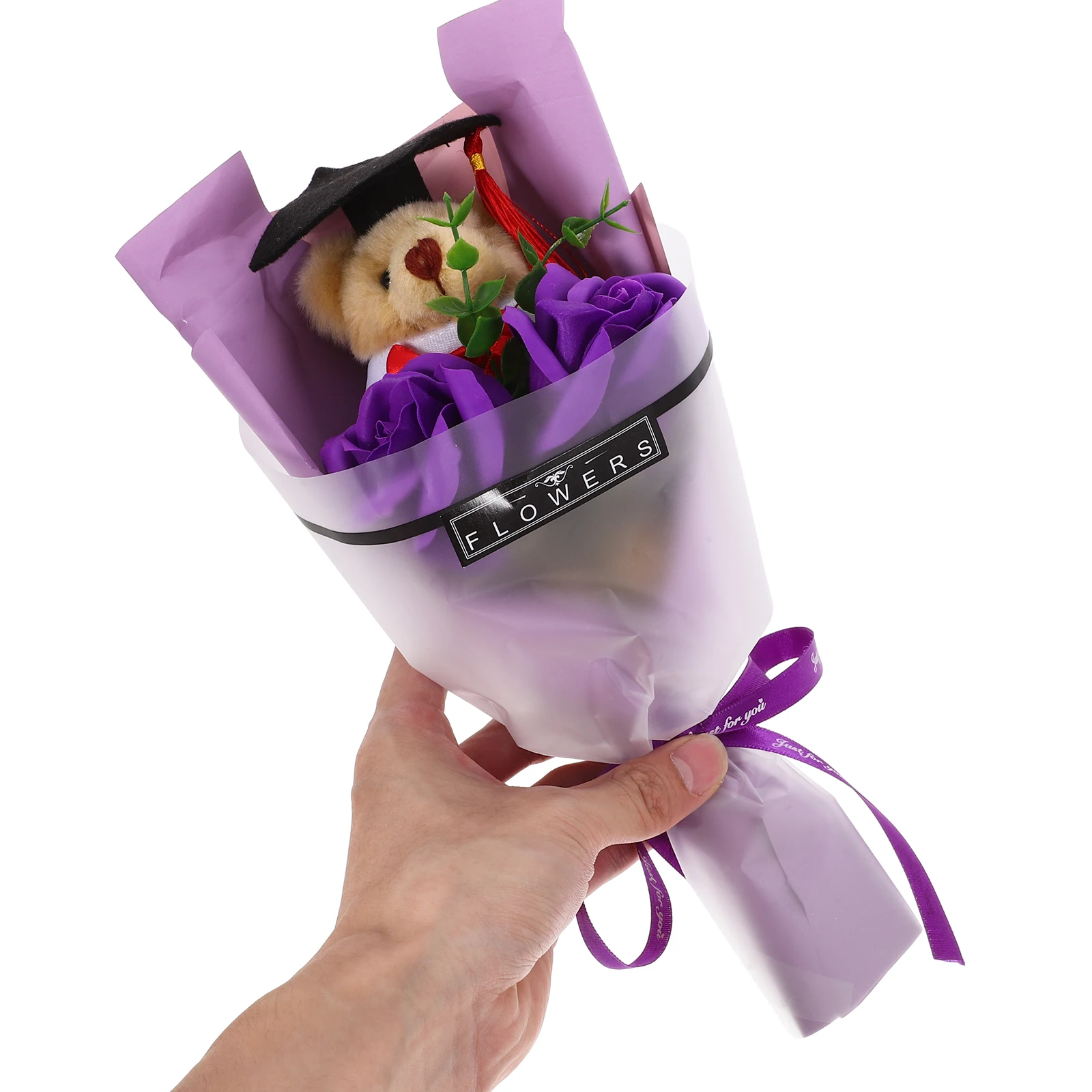 

Graduation Bear Bouquet Purple Flowers Stylish Present Decor Child Stuffed Animal Cartoon Photoshoot Props Elegant Design