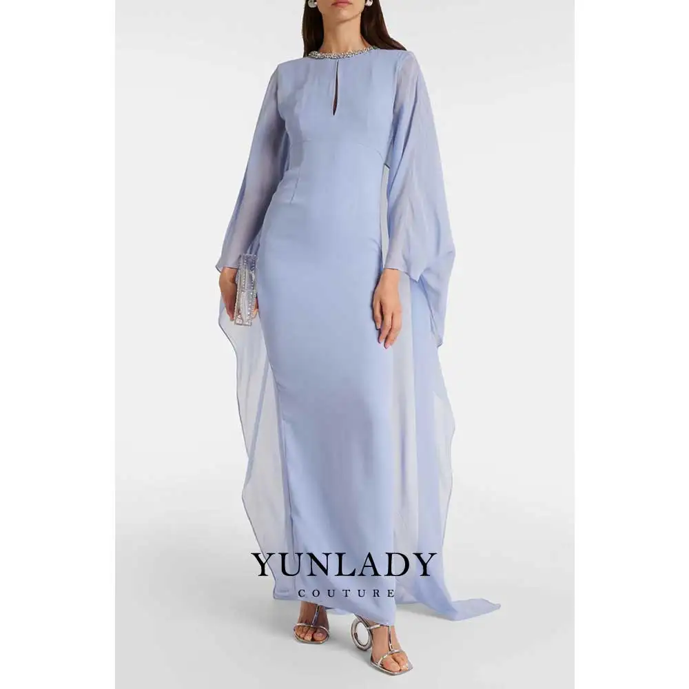 YUNLAN Gorgeous Saudi Women Sky Blue Long Sleeve Cover Up Ankle Length Special Occasion Evening Dress 2024 for Wedding Party