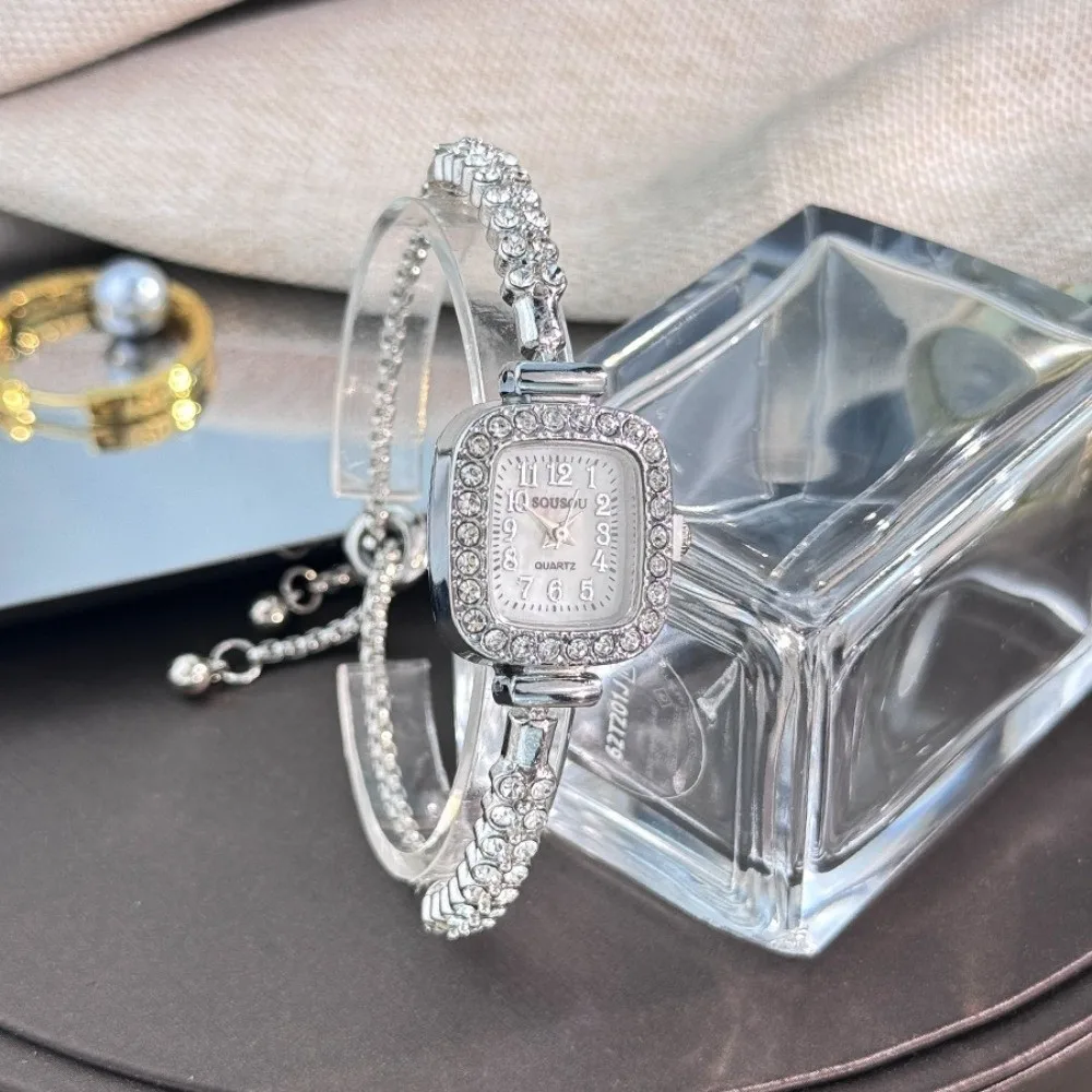 Fashion Double-row Diamond Ladies' Small Square Watch Arabic Numerals Bracelet Women Wristwatch Simple Quartz Watch Student