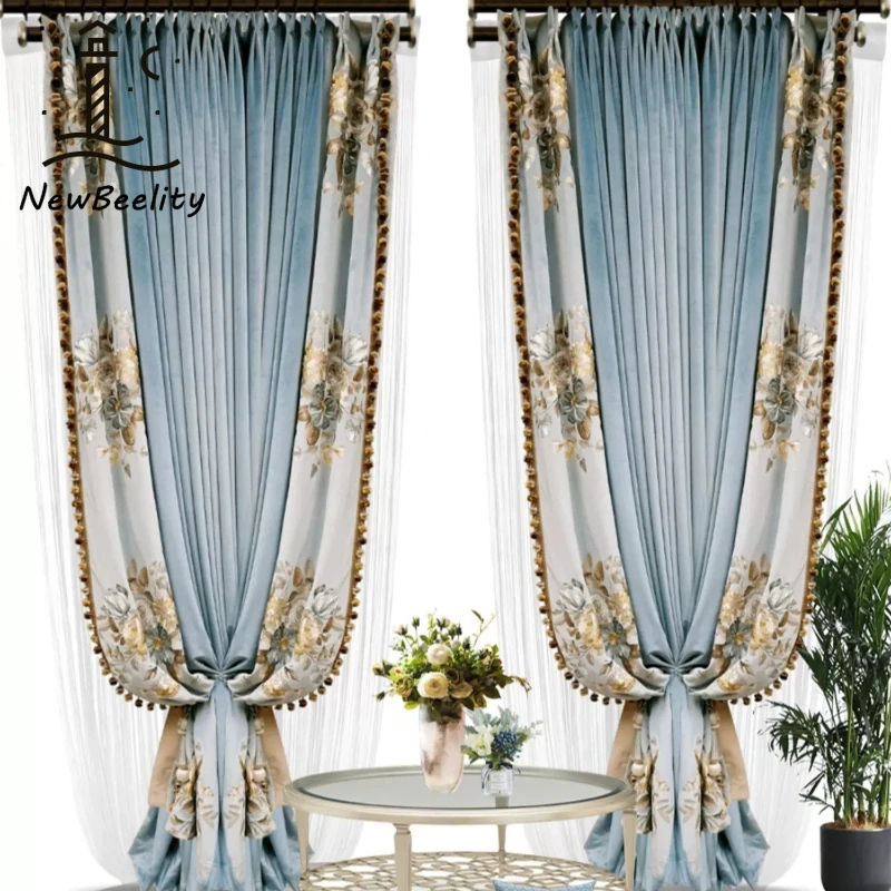 

European Style High-end Luxury Embroidered Velvet Blue Retro Curtains for Living Room Bedroom Dining Villa Custom Size Drapes