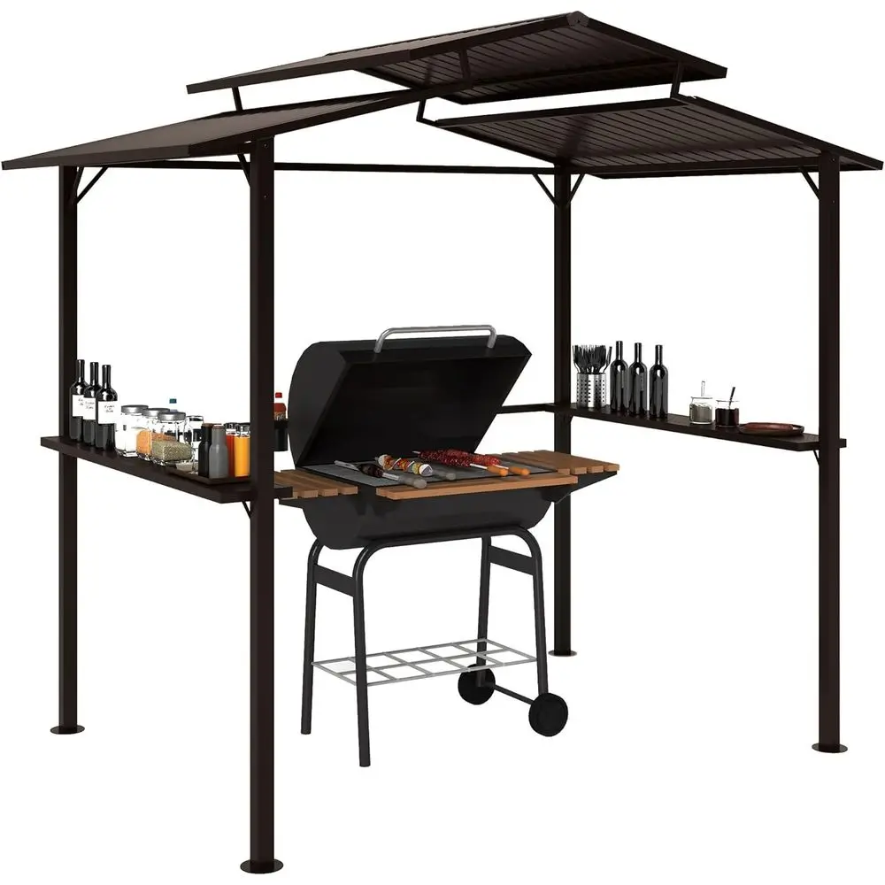 

8' x 5' Outdoor Hardtop Gazebo with Double Roof, 2 Shelves and 4 Cup Holders, Ideal for BBQ, Patio, and Lawn Deck