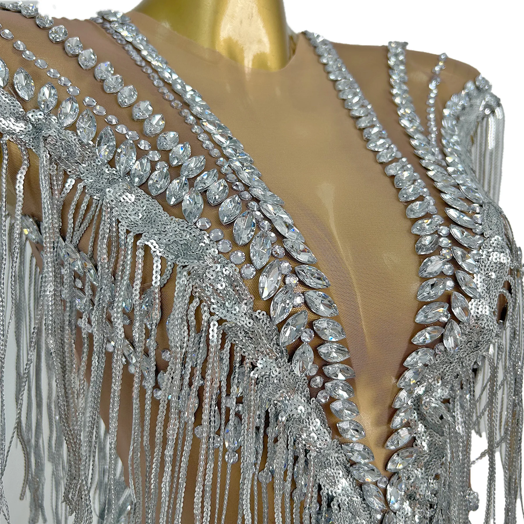Shexian Shiny Sequins Tassel Latin Dance Dress Sexy Perspective Mesh X-Shaped Dress Bar Celebrity Performance Party Dress