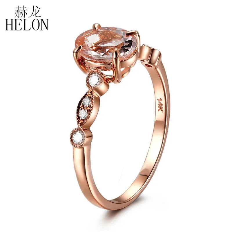 HELON Solid 14K Rose Gold Oval Cut 6x8mm Morganite Diamonds Engagement Wedding Ring Anniversary Gift for Women Fine Jewelry