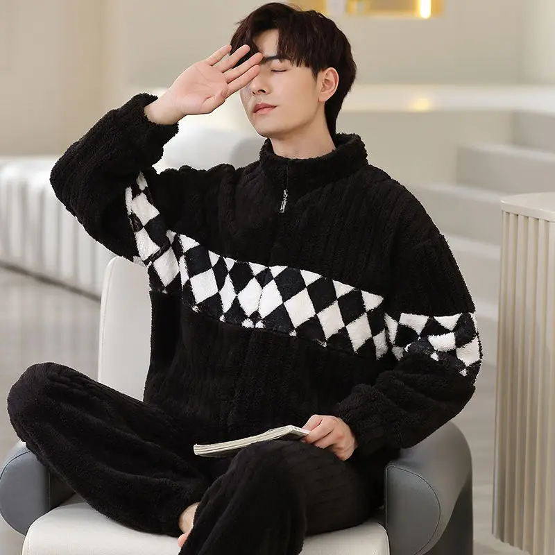Men's Cardigan Zipper Coral Fleece Loungewear Suit Winter Men's Fleece Thickened Warm Plush Can Be Worn Outside Winter Pajamas