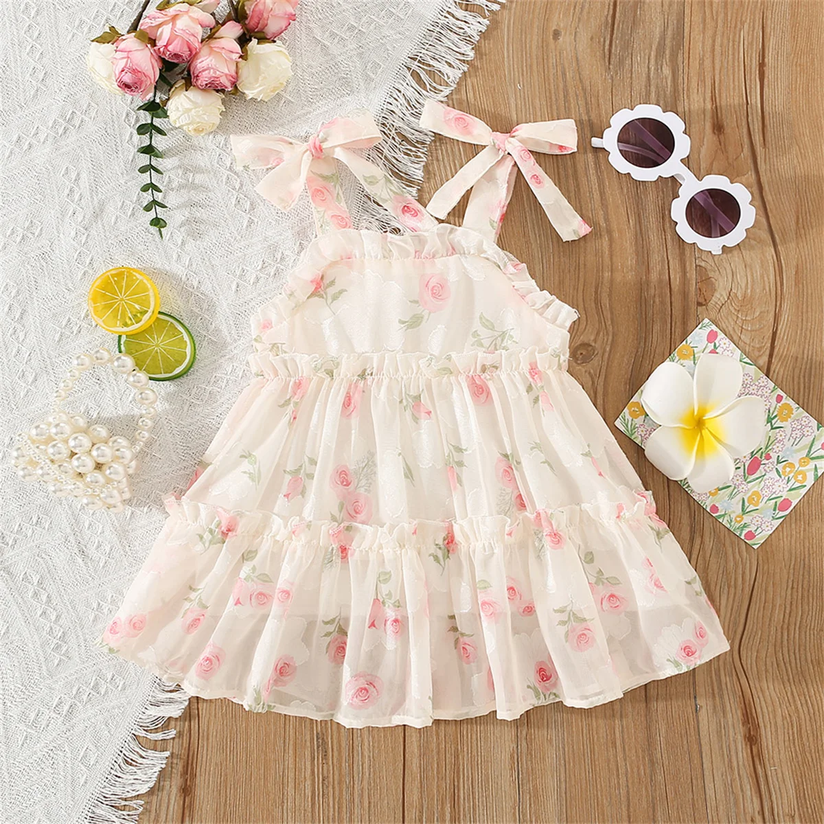 Summer Girls\' Dress Strap Chiffon Cool Beach Skirt Beautiful Fragmented Flower Ladies Fashion Bow Sleeveless Skirt