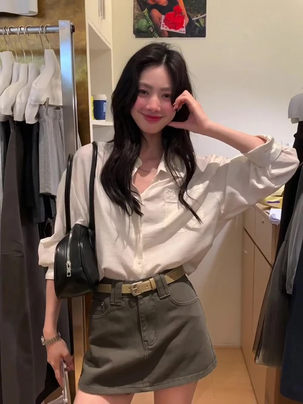 

Korean Style Women's Spring New Loose Long Sleeve White Shirt High Waist Workwear Skirt Fashionable Set Collar Poly...