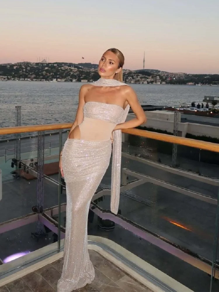 2025 mujeres celebridad Sexy fuera del hombro acanalado rebordear azul cielo Maxi Vestido largo elegante fiesta de noche Club Vestido