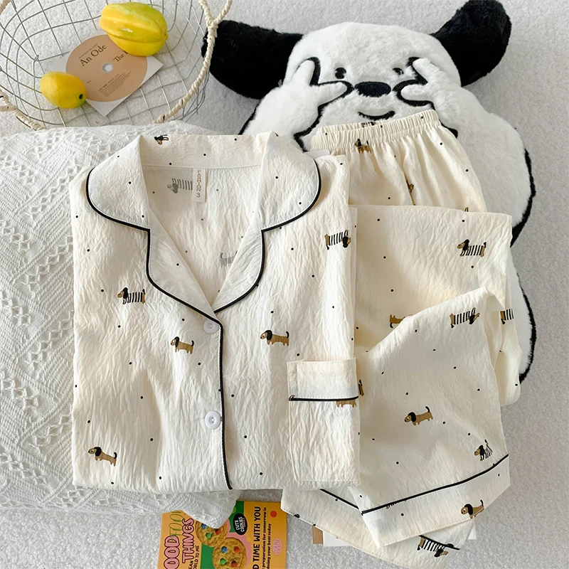 

Cloud Cotton ort Sve Long Pants Spwear Set for Women Sweet Cartoon irt Collar Tee Piece Summer Home Clothes