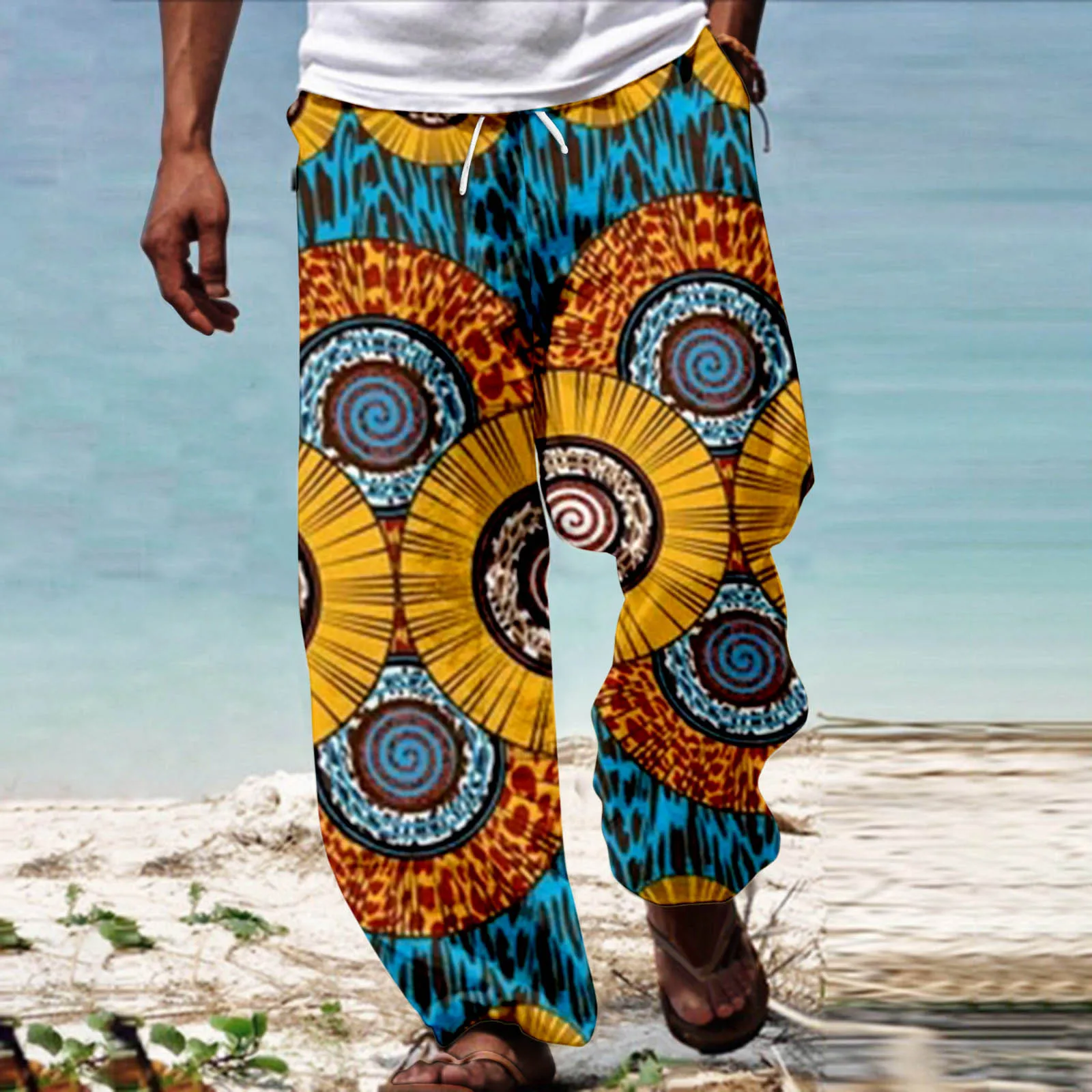 Men African Dashiki Traditional Style Casual Trouser Summer Hawaii Holiday Ankara Beach Drawstring Wide Leg Straight Pants