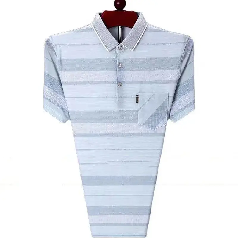 2023 New Summer Fashion Middle Aged Elderly Dad Striped Polo Shirt Men Short Sleeve Pocket Ice Silk Tee Shirts Casual Loose Tops