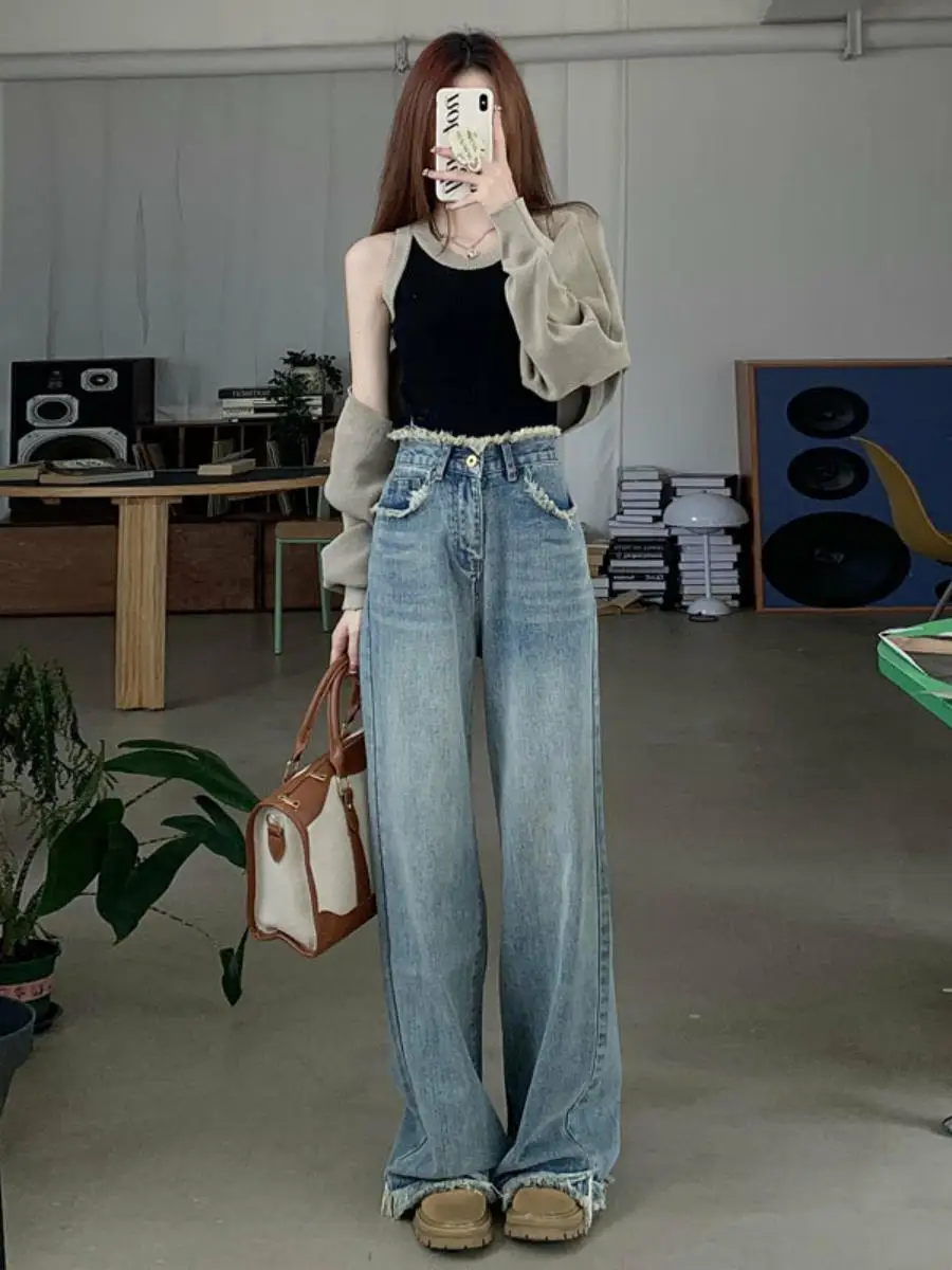 

Широкие джинсы с высокой талией в стиле ретро, женские модные свободные повседневные брюки прямого кроя, брюки в пол, модные потертые брюки