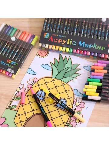 Professional Art Use 24/48-Color Acrylic Paint Markers, Dual-Tip Fine and Brush Tip Pens, Suitable for Stone, Wood, Calligraphy