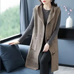 High End Hooded Sweater Women's Mid to Long Knitted Cardigan Thickened Autumn and Winter Vest Loose and Lazy Style Ethnic Style