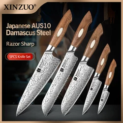 XINZUO Kitchen 5PCS Knives Set Japanese-made AUS-10 Damascus Stainless Steel Paring Utility Santoku Bread Chef Cooking Knife