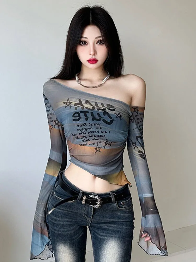 American Style Long Sleeve Tie Dye Ice Silk Mesh T-Shirt Women Summer Irregular Transparent Sun Protection Spicy Girl Top