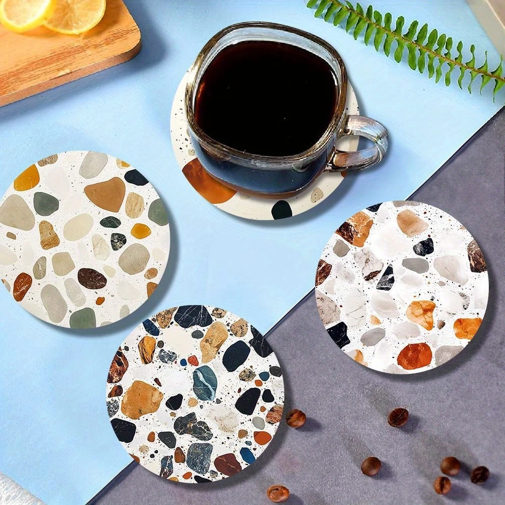 6 Pieces 2D Wooden Coasters Printed Stone Pattern Theme Desktop Insulation Mats Home Decor Coffee Cup Coasters Office