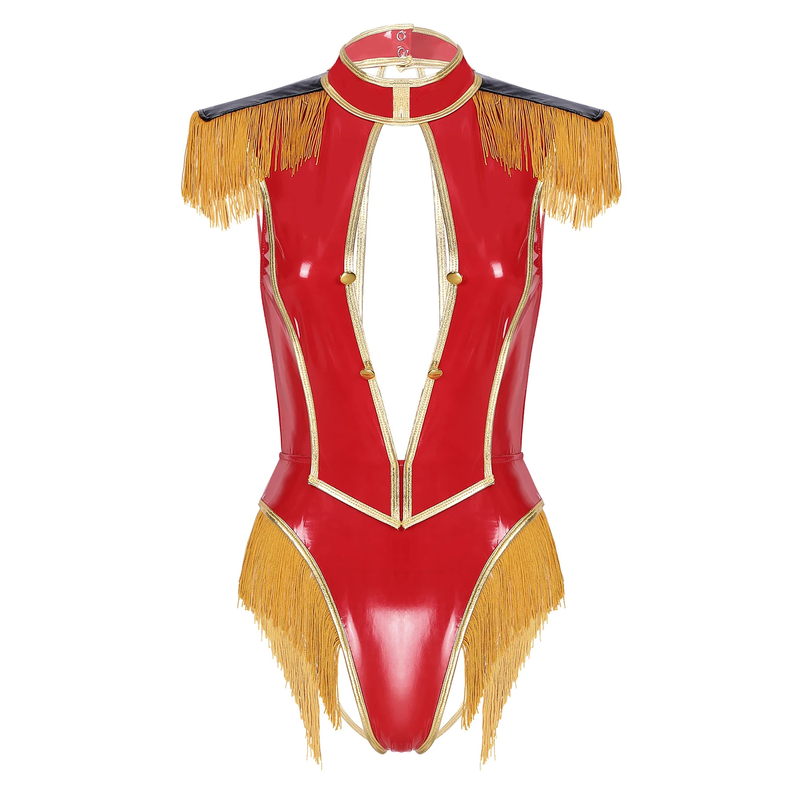 

Women Patent Leather Hollow Out Circus Trainer Costume Sleeveless Deep V Neck Open Back Tassels Adorned Sexy Leotard Bodysuit