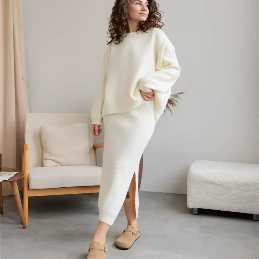 

Новый вязаный свитер и комплект юбки с разрезом f-length Faion Ensemble Long Sve round Ne Overhead Sle Женская одежда