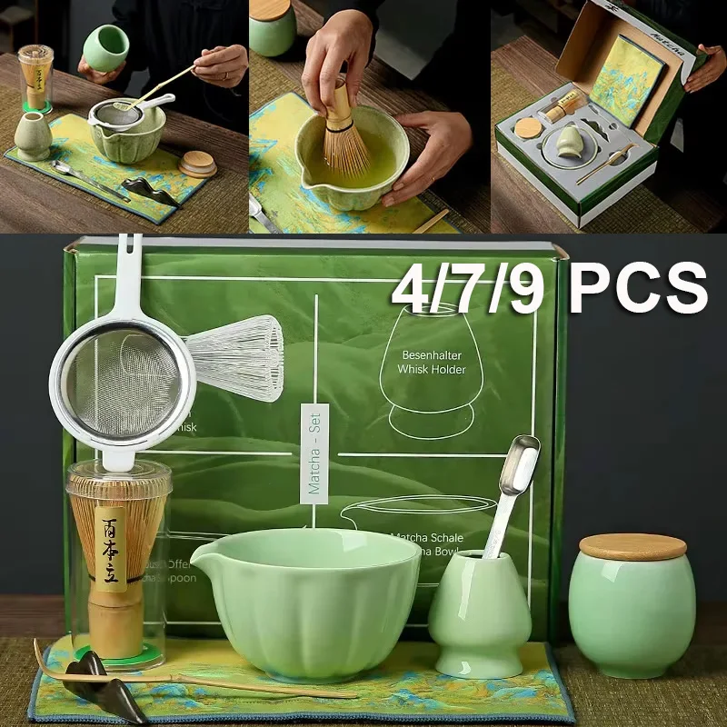 7/9 PCS Matcha Blender Set Bamboo Tea Whisk Matcha Brush Kiln Tea Set Ceramic Bowl with Strainer Matcha Tool Ceremony Accessory