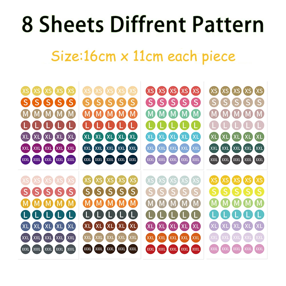 8/16Sheets Clothing Size Sticker Label Round Self-Adhesive Tag Sticker for Clothing Trousers Packaging Bag DIY Apparel Tools