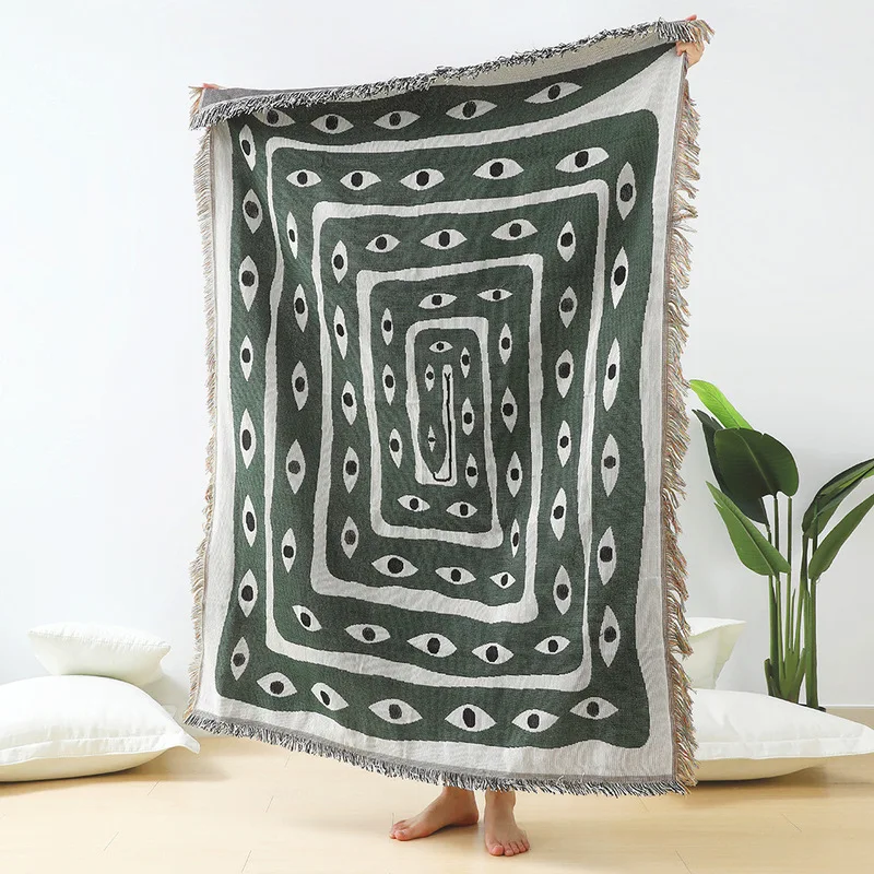 Green White Evil Eye Jacquard Throw Blanket Abstract Eye Pattern Boho Tapestry with Fringe Mystical Tribal Decor Throw for Sofa
