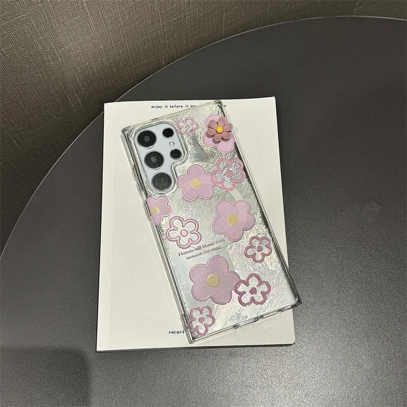 Funda de teléfono magnética con flores láser creativas para Samsung Galaxy S22 S23 S24 Ultra S24 + S24 Plus