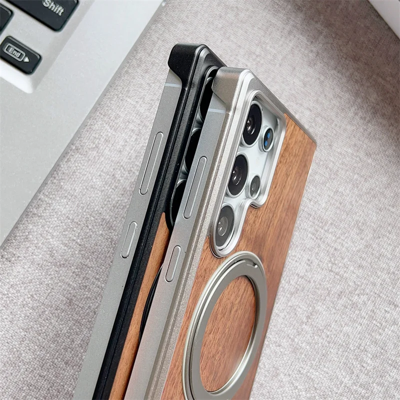 Magnetic Push-Pull 360 Rotate Bracket Metal Phone Case For Samsung Galaxy S23 S24 S25 Ultra Magsafe Walnut Wood Shockproof Cover