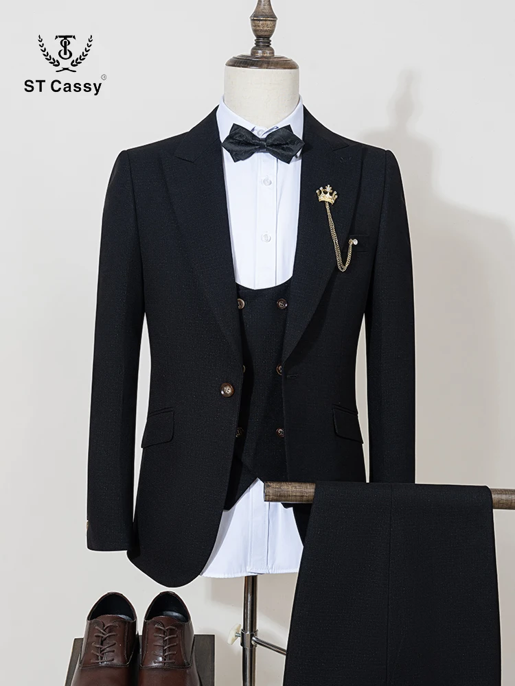 

ST Cassy black Men suit 3 piece set gray elegant slim fit formal office and leisure banquet groomsman set groom's wedding dress