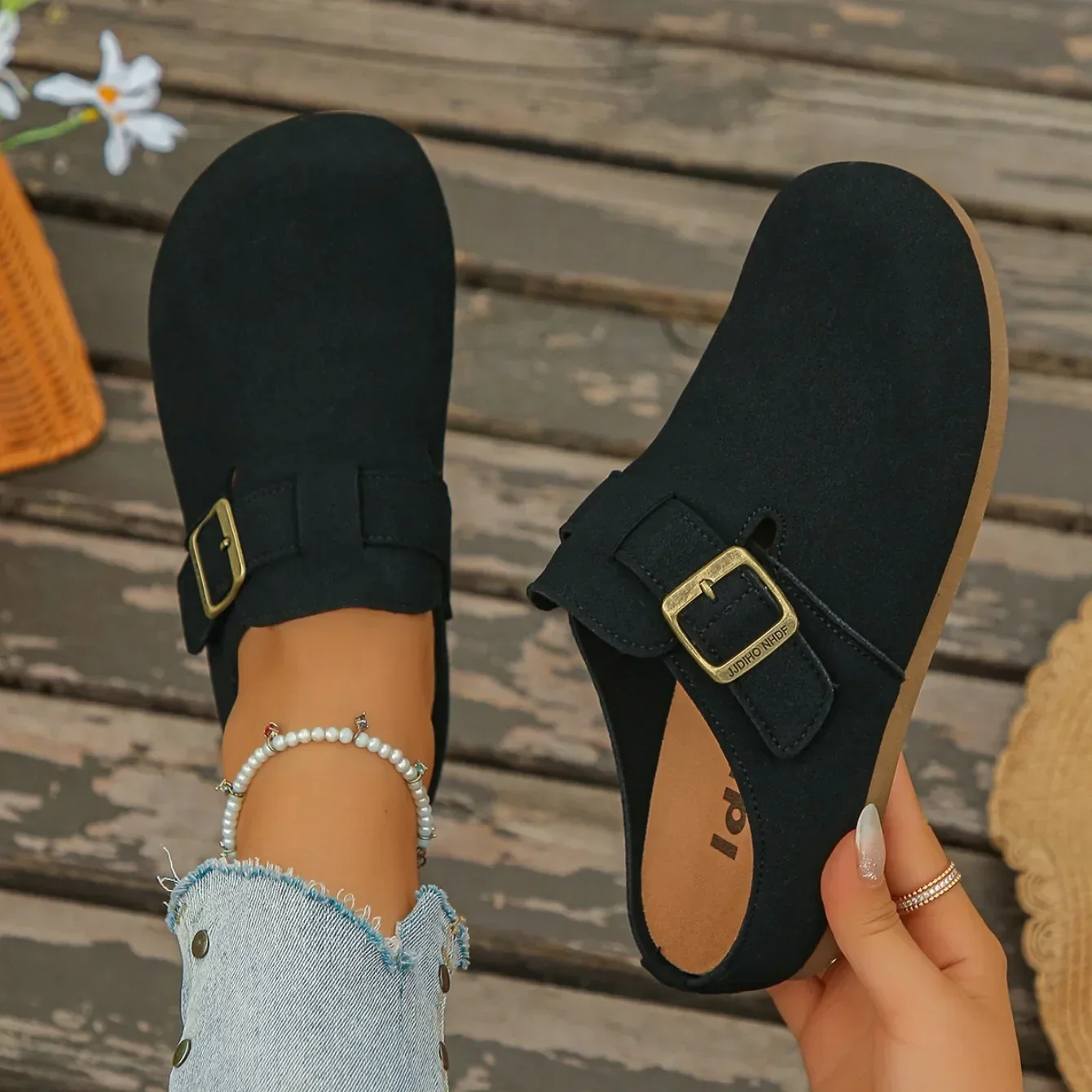 Modische Damen Wildleder-Mules Hausschuhe 2026 Damen Clogs mit Korksohle Sandalen mit Fußgewölbestütze Outdoor-Strand-Slides Hausschuhe für Damen – Detail 12