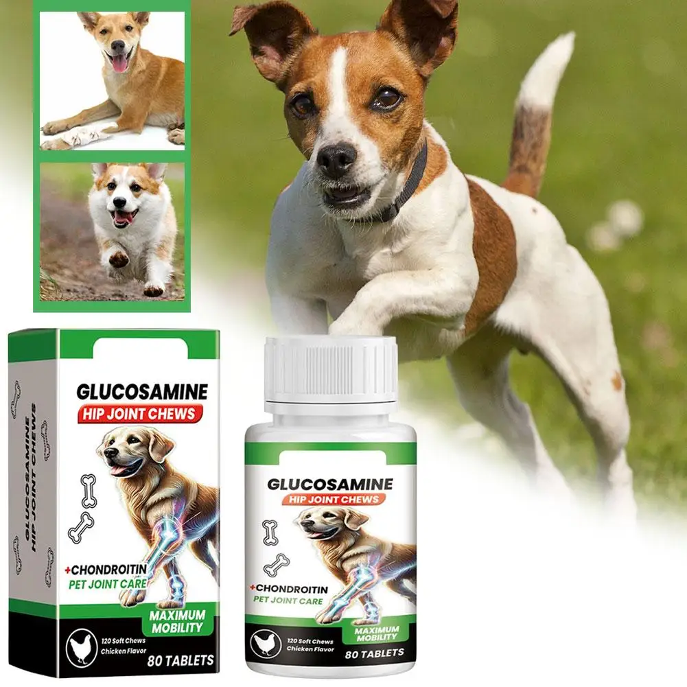 80 Tabletas de Suplemento para el Cuidado de las Articulaciones de Mascotas, Glucosamina Condroitina, Golosinas Masticables para las Articulaciones de Cadera de Perros, Mejora la Vitalidad, Sabor a Pollo