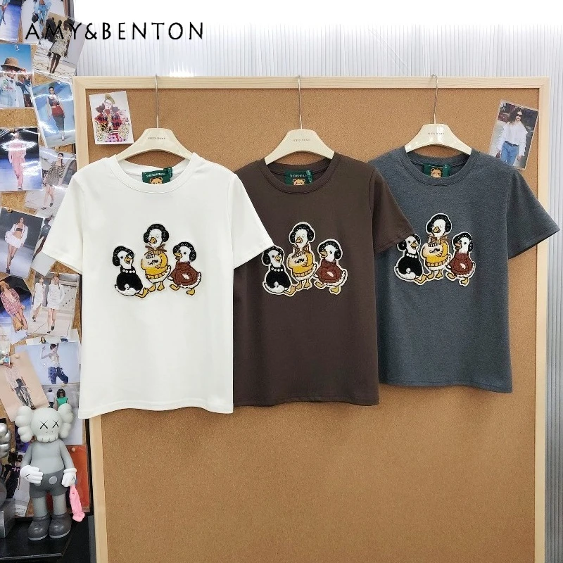 

New Retro American Style Fashion Cartoon Towel Embroidered Patch Tees Heavy Beaded Pure Cotton Crew Neck Short Sleeved T-shirt