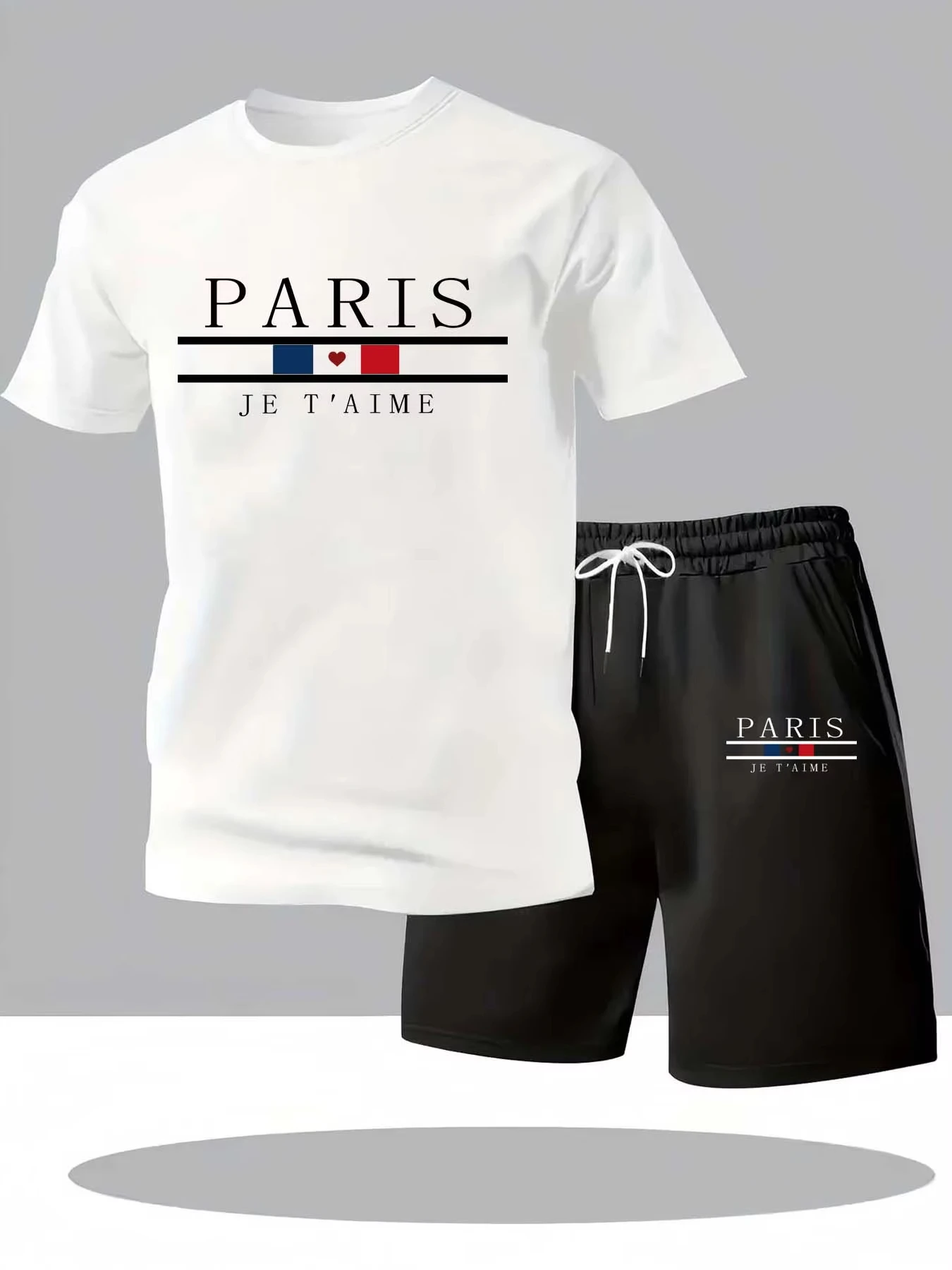 

Летняя мужская футболка и брюки, хлопковые повседневные свободные шорты большого размера с французским узором в Париже, удобные шорты с круглым вырезом