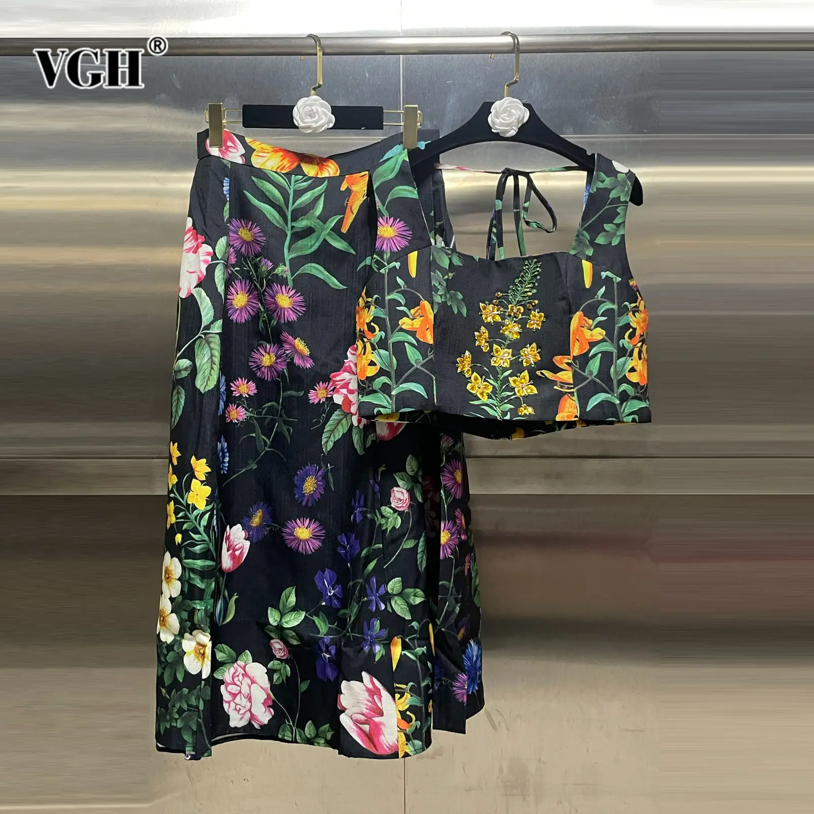 VGH Printing Sets For Women Square Collar Sleeveless Backless Spliced Lace Up Top High Waist Long Skirts Hit Color Set Female