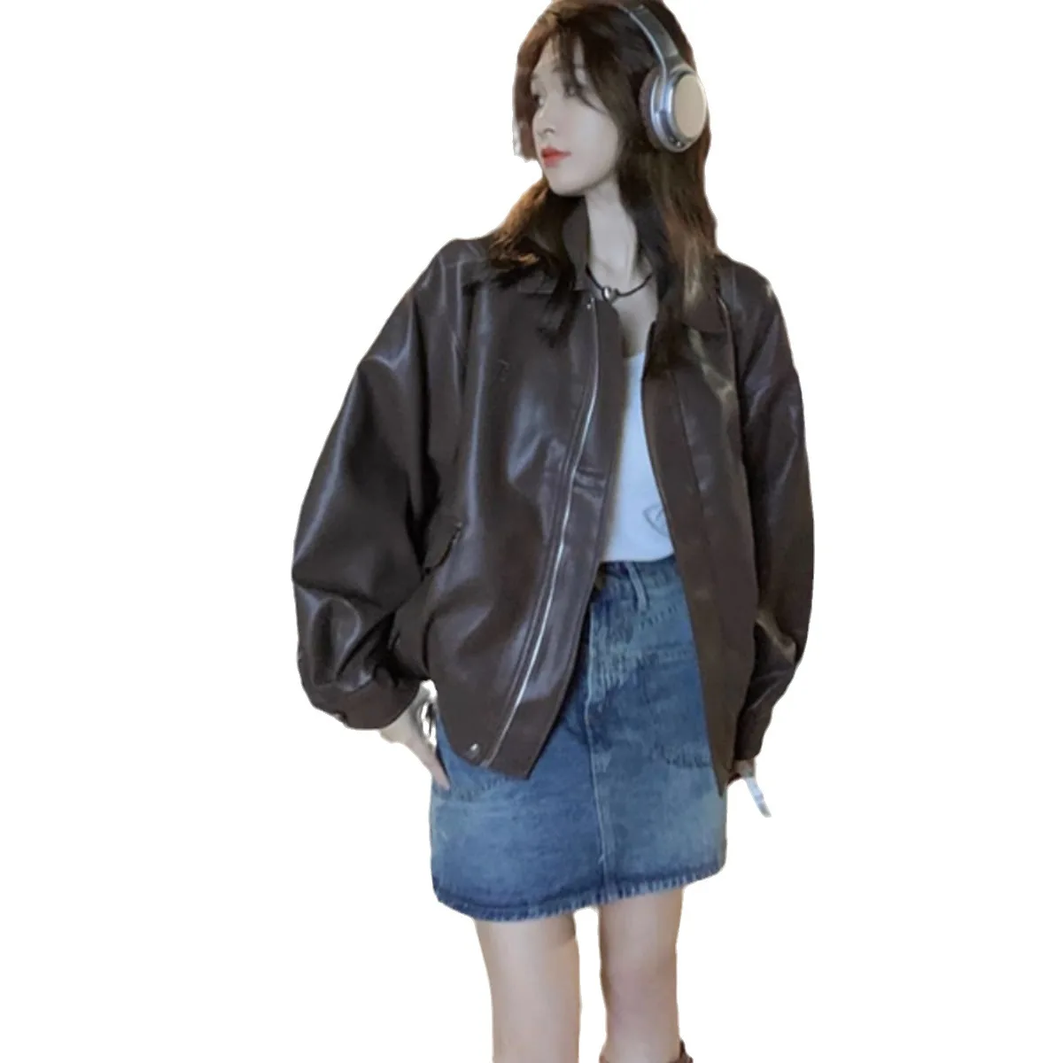 블랙 브라운 PU 가죽 코트 여성용 짧은 봄 가을 신상 홍콩 스타일 레트로 레저 모터사이클 코트 지퍼 가죽 재킷