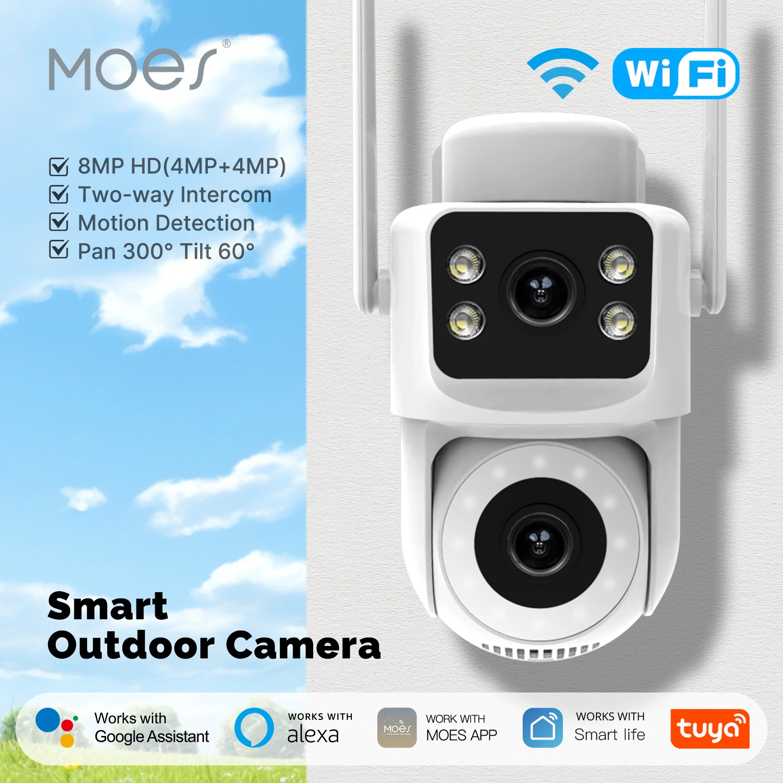 

Moes Tuya Smart WiFi Outdoor Camera Security 8MP Dual Screen 2.4G/5G IP65 Waterproof Auto Track Two-Way Audio Motion Detection