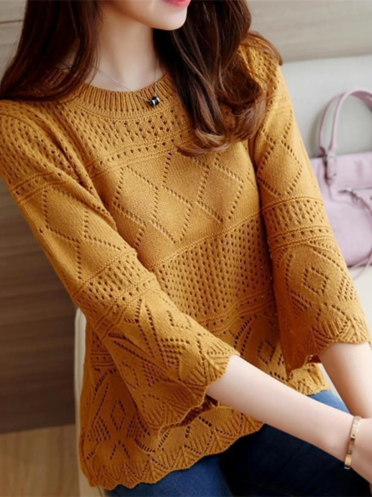 

Spring Summer New Hollow out Knitted Top Women's Versatile Thin round Ne Loose Tead irt Seven Sve Bell Sve Base S...