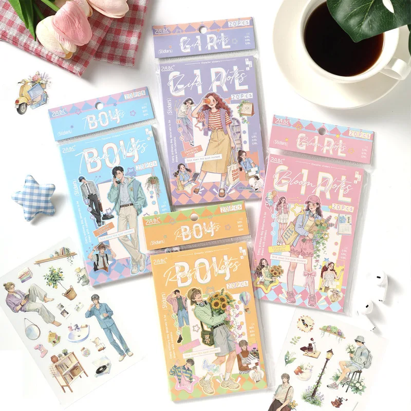 20Pcs Kawaii Teen Style PET Sticker Pack, Youth Daily Boy Girl Pattern Stickers for Aesthetic Journal Decoration